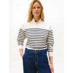 Tommy Hilfiger Kadın Normal Kalıp Düşük Omuzlu Gold Düğme Detaylı Çizgi Desenli Balıkçı Yaka Beyaz-Lacivert Kazak WW0WW47467-0X2 - XL