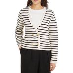 Tommy Hilfiger V Yaka Standart Çizgili Lacivert - Beyaz Kazak Kadın BRETON GOLD BUTTON OVRLP CARDI