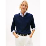 Tommy Hilfiger Yün Kaşmir Karışımlı Saç Örgülü V Yaka Uzun Kollu Kadın Lacivert Kazak Ww0ww464170z0