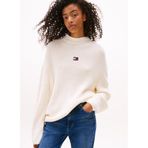 Tommy Jeans Kadın Dik Yaka, Standart Kalıp, Nakışlı Kazak, Beyaz