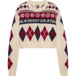 Tommy Jeans Krem - Kırmızı Kadın Bisiklet Standart Desenli Kazak Tg Faır Isle Crewneck Sweater