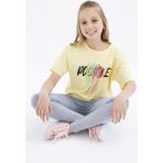 Tommy Life 75036 Renkli Yazı Baskılı O Yaka Oversize Düşük Omuz Sarı Kız Çocuk Crop T-Shirt