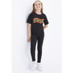 Tommy Life 75038 Oversize Renkli Yazı Baskılı Düşük Omuz O Yaka Siyah Kız Çocuk Crop T-Shirt
