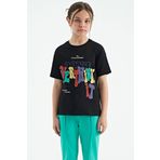 Tommy Life 75112 Siyah Renki Yazı Baskılı O Yaka Oversize Kısa Kollu Kız Çocuk T-shirt
