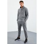 Tommy Life 85159 Gri Melanj Yarım Fermuar Dik Yaka Lastik Paça Polar Erkek Eşofman Takımı