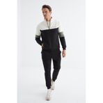 Tommy Life 85186 Siyah Renk Bloklu Minimal Yazı Baskılı Fermuarlı Standart Kalıp Erkek Eşofman Takımı
