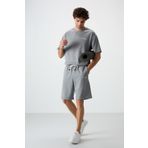 Tommy Life 85250 Gri Melanj Pamuklu Kalın Yumuşak Dokulu Oversize Fit Nakışlı Erkek Şortlu Takım