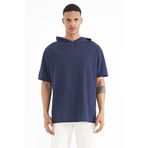 Tommy Life 88179 İndigo Kapüşonlu Kol Etiket Detaylı Oversize Erkek T-Shirt
