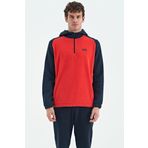 Tommy Life 88300 Kırmızı Fiesta Yarım Fermuarlı Kapüşonlu Renk Bloklu Standart Kalıp Polar Erkek Sweatshirt