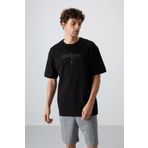 Tommy Life 88320 Siyah Pamuklu Kalın Yumuşak Dokulu Oversize Fit Baskılı Erkek T-Shirt