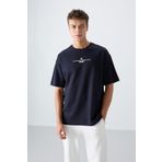 Tommy Life 88321 Lacivert Pamuklu Kalın Yumuşak Dokulu Oversize Fit Baskılı Erkek T-Shirt