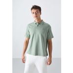 Tommy Life 88327 Açık Yeşil Pamuklu Kalın Yumuşak Dokulu Oversize Fit Basic Polo Yaka Erkek T-Shirt