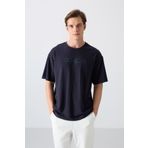 Tommy Life 88329 Lacivert Pamuklu Kalın Yumuşak Dokulu Oversize Fit Baskılı Erkek T-Shirt