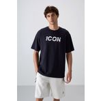 Tommy Life 88331 Lacivert Pamuklu Kalın Yumuşak Dokulu Oversize Fit Baskılı Erkek T-Shirt