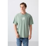 Tommy Life 88333 Açık Yeşil Pamuklu Kalın Yumuşak Dokulu Oversize Fit Baskılı Erkek T-Shirt