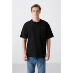 Tommy Life 88338 Siyah Pamuklu Kalın Yüzeyi Dokulu Oversize Fit Baskılı Erkek T-Shirt