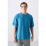 Tommy Life 88339 Petrol Mavi Pamuklu Kalın Yüzeyi Dokulu Oversize Fit Basic Erkek T-Shirt