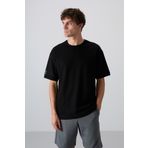 Tommy Life 88339 Siyah Pamuklu Kalın Yüzeyi Dokulu Oversize Fit Basic Erkek T-Shirt