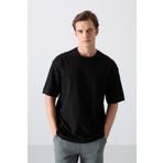 Tommy Life 88340 Siyah Pamuklu Kalın Yüzeyi Dokulu Oversize Fit Basic Erkek T-Shirt