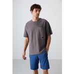 Tommy Life 88341 Koyu Gri Pamuklu Kalın Yüzeyi Dokulu Oversize Fit Basic Erkek T-Shirt