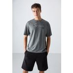 Tommy Life 88344 Haki Pamuklu Kalın Yumuşak Dokulu Oversize Fit Baskılı Erkek T-Shirt