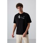 Tommy Life 88344 Siyah Pamuklu Kalin Yumusak Dokulu Oversize Fit Baskili Erkek T-Shirt