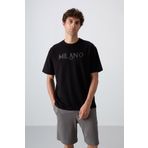 Tommy Life 88345 Siyah Pamuklu Kalın Yumuşak Dokulu Oversize Fit Baskılı Erkek T-Shirt