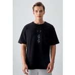 Tommy Life 88355 Siyah %100 Pamuk Kalın Yumuşak Dokulu Oversize Fit Baskılı Erkek T- Shirt