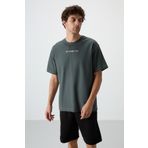 Tommy Life 88364 Haki Pamuklu Kalın Yüzeyi Dokulu Oversize Fit Baskılı Erkek T-Shirt