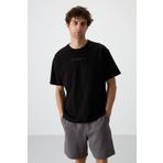 Tommy Life 88364 Siyah Pamuklu Kalın Yüzeyi Dokulu Oversize Fit Baskılı Erkek T-Shirt