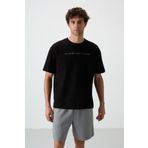 Tommy Life 88371 Siyah Pamuklu Kalın Yüzeyi Dokulu Oversize Fit Baskılı Erkek T-Shirt