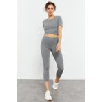 Tommy Life 95285 Gri Melanj Yüksek Bel Kapri-Crop T-Shirt Slim Fit Kadın Tayt Takımı