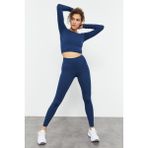 Tommy Life 95286 İndigo Yüksek Bel Uzun Kollu Slim Fit Crop Top Kadın Tayt Takım