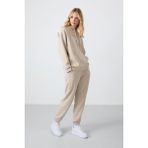 Tommy Life 95288 Kapüşonlu Kanguru Cep Oversize Lastik Paça Bej Kadın Eşofman Takımı