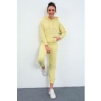 Tommy Life 95288 Kapüşonlu Kanguru Cep Oversize Lastik Paça Limon Sarı Kadın Eşofman Takımı