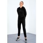 Tommy Life 95288 Kapüşonlu Kanguru Cep Oversize Lastik Paça Siyah Kadın Eşofman Takımı