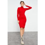 Tommy Life 97117 Kaşkorse Triko Dar Kalıp Balıkçı Yaka Kırmızı Kadın Elbise