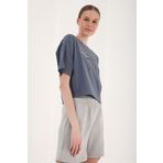 Tommy Life 97135 Kadın Petrol Yazı Baskılı Kısa Oversize O Yaka T-shirt
