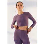 Tommy Life 97153 Eflatun Kadın Kendinden Desenli O Yaka Uzun Kol Crop Top Bluz