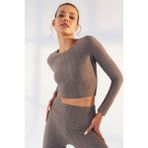 Tommy Life 97153 Gri Kadın Kendinden Desenli O Yaka Uzun Kol Crop Top Bluz