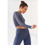 Tommy Life 97153 Kendinden Desenli O Yaka Uzun Kol Petrol Kadın Crop Top