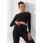 Tommy Life 97153 Kendinden Desenli O Yaka Uzun Kol Siyah Kadın Crop Top