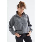 Tommy Life 97171 Gri Melanj Yarım Fermuar Etek Ucu Büzgülü Kadın Polar Oversize Sweatshirt