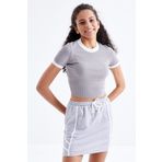 Tommy Life 97200 Basic Kol Detaylı O Yaka Gri Kadın Crop Top T-Shirt