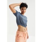 Tommy Life 97221 Balon Kol O Yaka Beli Lastikli Bürümcük Kumaş Petrol Kadın Crop Top T-Shirt