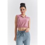 Tommy Life 97223 Gül Kurusu Basic Polo Yaka Beli Lastikli Kadın Crop Top T-Shirt