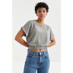 Tommy Life 97227 Basic O Yaka Beli Lastikli Bürümcük Kumaş Gri Kadın Crop Top T-Shirt