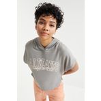 Tommy Life 97229 Yazı Baskılı Kapüşonlu Oversize Bürümcük Kumaş Gri Kadın Crop Top T-Shirt
