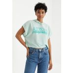 Tommy Life 97229 Yazı Baskılı Kapüşonlu Oversize Bürümcük Kumaş Su Yeşili Kadın Crop Top T-Shirt