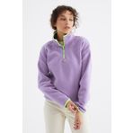 Tommy Life 97234 Açık Eflatun Yarım Fermuar Etek Ucu Büzgülü Dik Yaka Oversize Polar Kadın Sweatshirt
